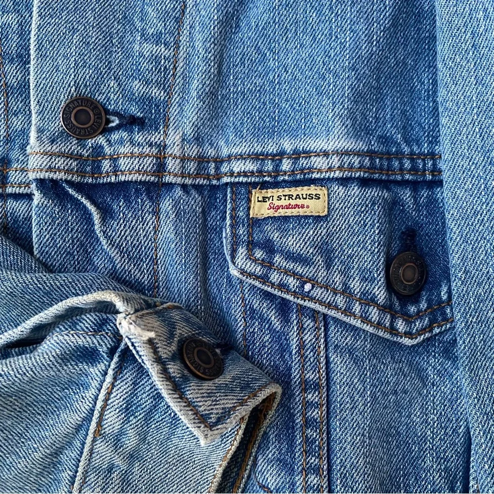 Levi Strauss Signature Mens XL Denim Trucker Jacket Blue Jean Biker Workwear - Picture 2 of 14